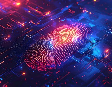 Glowing digital fingerprint on a circuit board, vibrant colors
