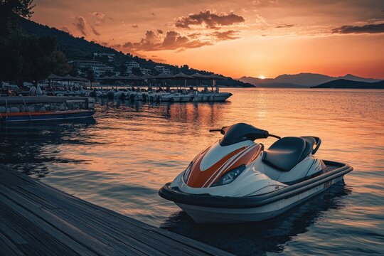 A serene sunset over a tranquil lake, with a sleek white jet ski docked on the shore, surrounded by lush greenery and distant mountains under a gradient of orange and pink hues.
