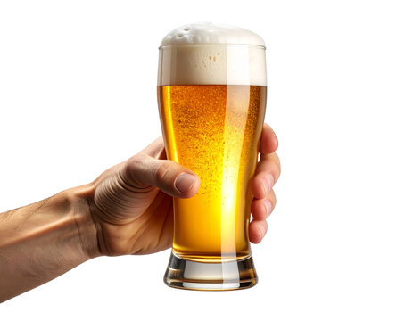 Dynamic Hands Raising Beer Glass with Golden Glow