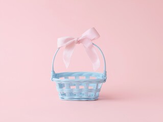 Pastel blue mini shopping basket with delicate pink ribbon bow isolated on powder pink background, retail concept