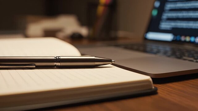 A close-up view of a pen resting on an open notebook with a laptop in the background, suggesting a workspace or study environment for writing or note-taking