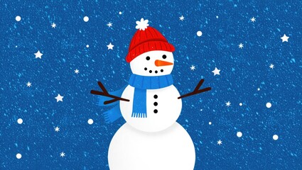 Snowman wearing red hat and blue scarf in starry night