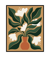 Elegant white flowers in warm terracotta pot minimalist botanical illustration