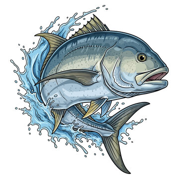 Giant Trevally GT fish jumping out of the ocean water splash vector illustration