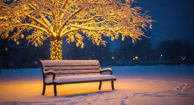 Snowy park bench under illuminated tree at night winter