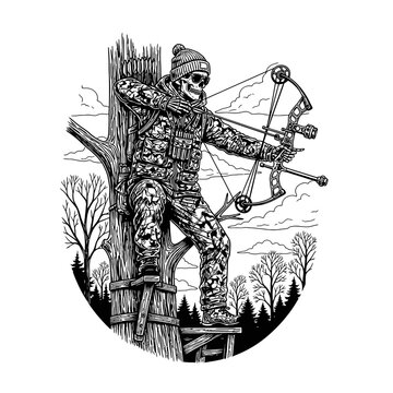 keleton hunter in camouflage gear on a tree stand aiming a compound bow