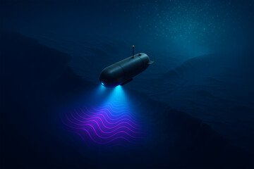 Autonomous underwater drone with sonar mapping, 3D illustration