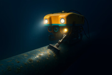 Underwater ROV robot inspecting and cleaning pipeline in deep sea