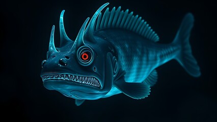 chimaera. A deep-sea chimaera glowing with bioluminescent forehead lights in the dark ocean abyss. wildlife magazines, conservation campaigns, designed for eco-tourism storytelling.