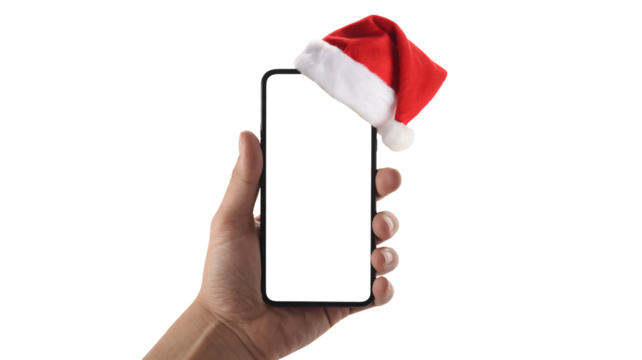 Festive mobile phone mockup with Santa hat held in hand for holiday marketing campaigns