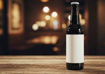 Dark beer bottle with blank white label standing on a rustic wooden table in a dimly lit bar or pub setting with bokeh background