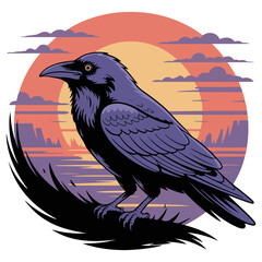Naklejka premium A perched crow with an enchanting view of the sunset