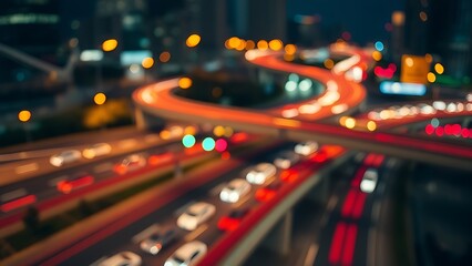 interchange. City interchange at night with blurred traffic lights, creating abstract urban light trails. mobility guides, transit brochures, designed for transport & logistics marketing.