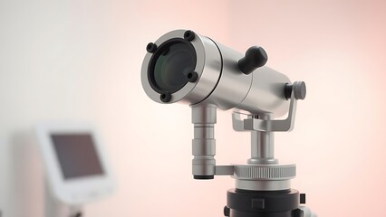 ophthalmoscope. Professional ophthalmoscope in a clean white room with clinical lighting. STEM education sheets, lab safety posters, designed for biotech research communications.