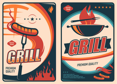 Retro grill bbq poster. Barbeque picnic invite with grilled sausage on a metal fork above red fire flames, burning coals, fire sparks, stars. Vector barbecue banner for food festival, restaurant menu