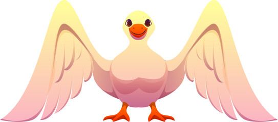 Cartoon letter M as bird character with open wings, orange beak and cheerful expression. Vector agriculture typeface, farm font, harvest type, funny English alphabet as friendly and cute animal