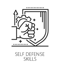 Self defense life skills line icon or sign. People potential linear vector icon, personality self defense life skills outline pictogram. Human quality lineart symbol or sign with human fist and shield