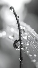 Black and white macro shot of water droplets on a plant