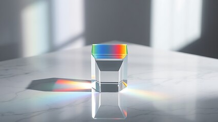 diffraction. Glass prism creating rainbow light refraction on a sleek marble surface. STEM education sheets, lab safety posters, designed for biotech research communications, used by radiologists.