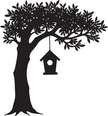 Black silhouette of a tree with a birdhouse hanging from a branch