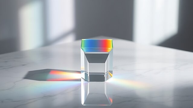 diffraction. Glass prism creating rainbow light refraction on a sleek marble surface. STEM education sheets, lab safety posters, designed for biotech research communications, used by radiologists.