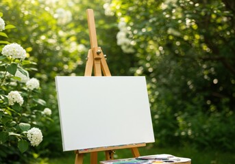 Blank white canvas on a wooden easel set up outdoors in a lush green garden with white flowers blooming in the sunlight
