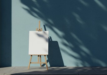 Blank white canvas on a wooden easel standing outdoors against a textured blue wall with dramatic tree shadow overlay in bright sunlight