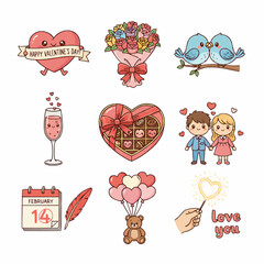 Adorable Valentine's Day Love Icons Set Hearts Couples Gifts Flowers Chocolates Birds