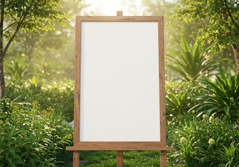 Blank wooden easel with white canvas standing outdoors in a lush green garden setting with bright sunlight filtering through trees