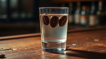 sambuca. Three coffee beans floating in sambuca on a rustic wooden bar. bar promotions, beverage menus, designed for product packaging and bar promotions, used by e-commerce operators.