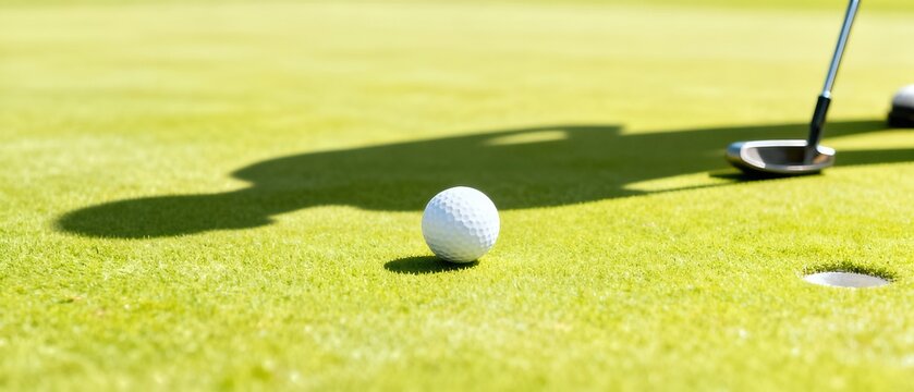 Close-up view of a golf ball on lush green grass with a shadow of a golfer preparing to putt, capturing the essence of the game and the beauty of the sport