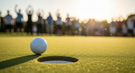 Golf ball poised near hole on green, with blurred crowd celebrating in background, capturing excitement and anticipation of the game in vibrant outdoor setting