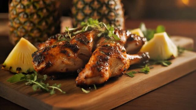 Huli-huli chicken served on wooden board with pineapple slices and herbs