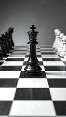 Black king centerpiece on a chessboard with surrounding black and white pieces