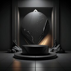 Black marble stage with cracked design, lit in a dark hall