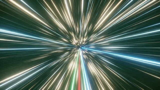 Abstract hyper speed jump in space with glowing neon light trails and warp tunnel effect, futuristic background