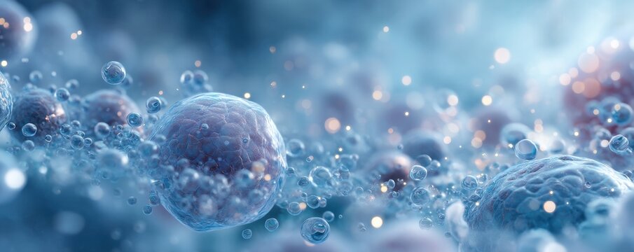 Blue background with water molecules and light particles, a vivid science and technology concept image