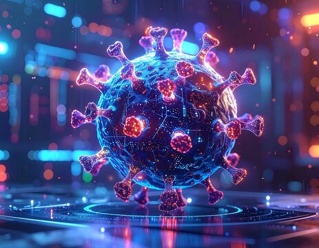Illuminated digital rendering of a viral particle, bokeh background