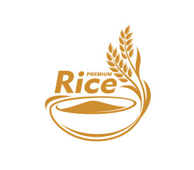Obraz premium Premium asian rice icon or food graphic symbol. Cereal growth agriculture company vector sign, healthy food organic farm symbol. Quality rice farmer market emblem with rice ear, bowl and typography