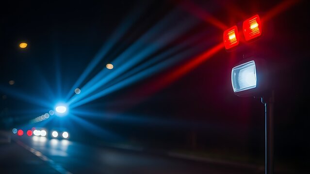 fracas. Emergency vehicle lights cast abstract blue and red patterns on a dark, atmospheric street at night. mobility guides, transit brochures, designed for mobility and urban transit guides.