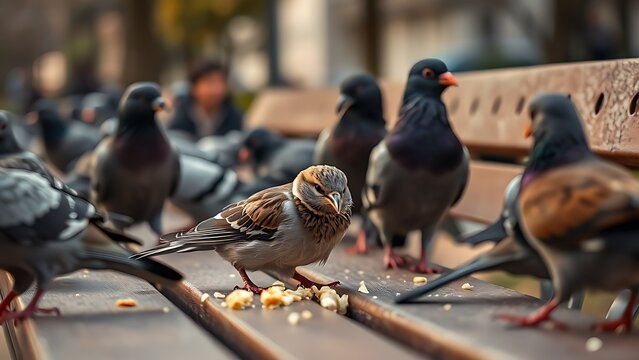 atrocity. A common sparrow among pigeons pecking crumbs on a city park bench in morning light. wildlife magazines, conservation campaigns, designed for nature documentaries and education.