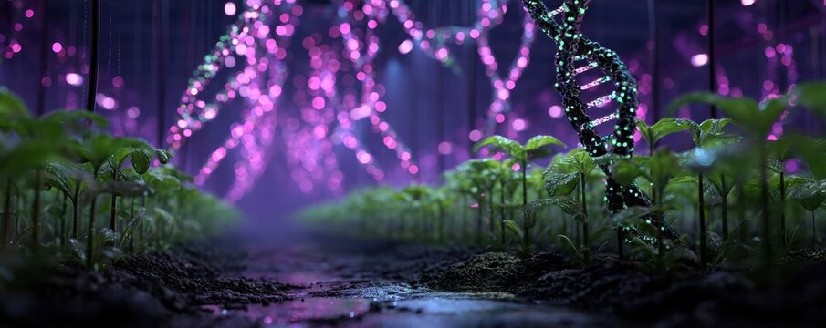 Futuristic high-tech farm with glowing DNA spirals among thriving plants in neon purple light