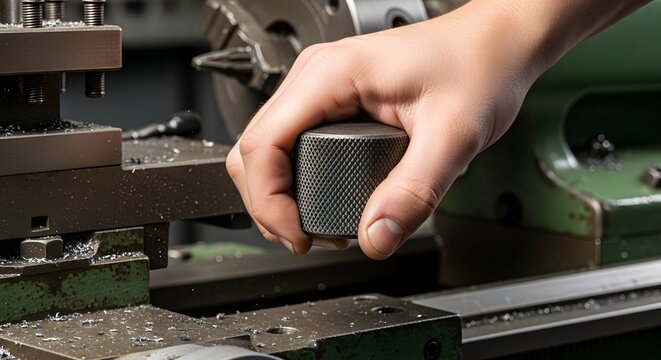 A worker's hand adjusting a knurled knob on a metal lathe machine in a factory setting. - Powered by Adobe