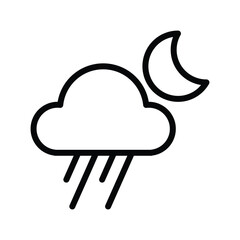 A simple line art icon depicting a cloud with rain falling and a crescent moon in the night sky. Weather Forecast and Season single line icon UI design.
