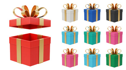 Colorful gift boxes with golden ribbons for birthdays, holidays, and special occasions galore
