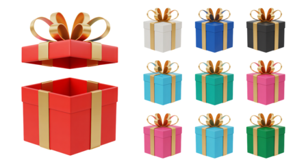 Colorful gift boxes with golden ribbons for birthdays, holidays, and special occasions galore