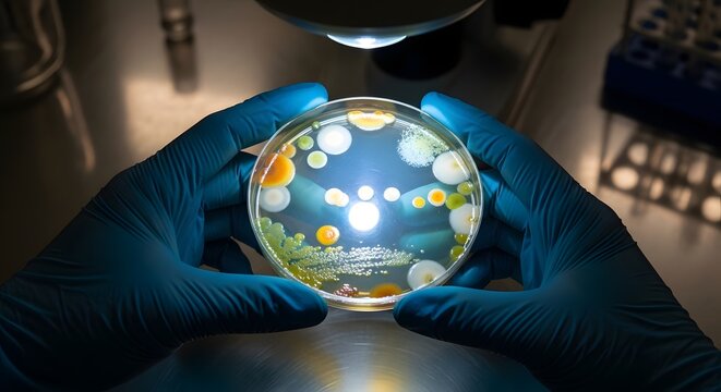 Gloved hands holding a petri dish with diverse microbial colonies under laboratory light.