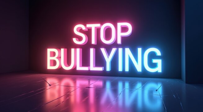 Neon sign that says stop bullying on a dark background