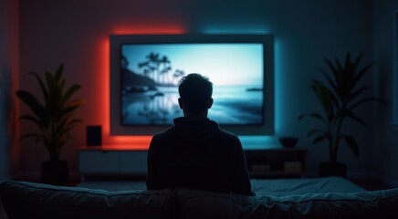 Man sitting on a couch watching tv in the dark