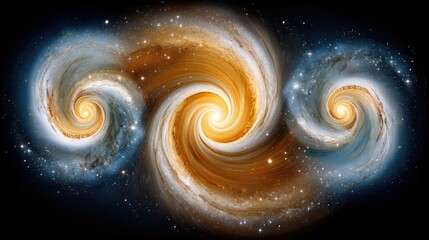 Three vibrant, swirling spiral galaxies, with bright yellow cores and blue and orange arms, are positioned close together in the vast darkness of space, surroun
